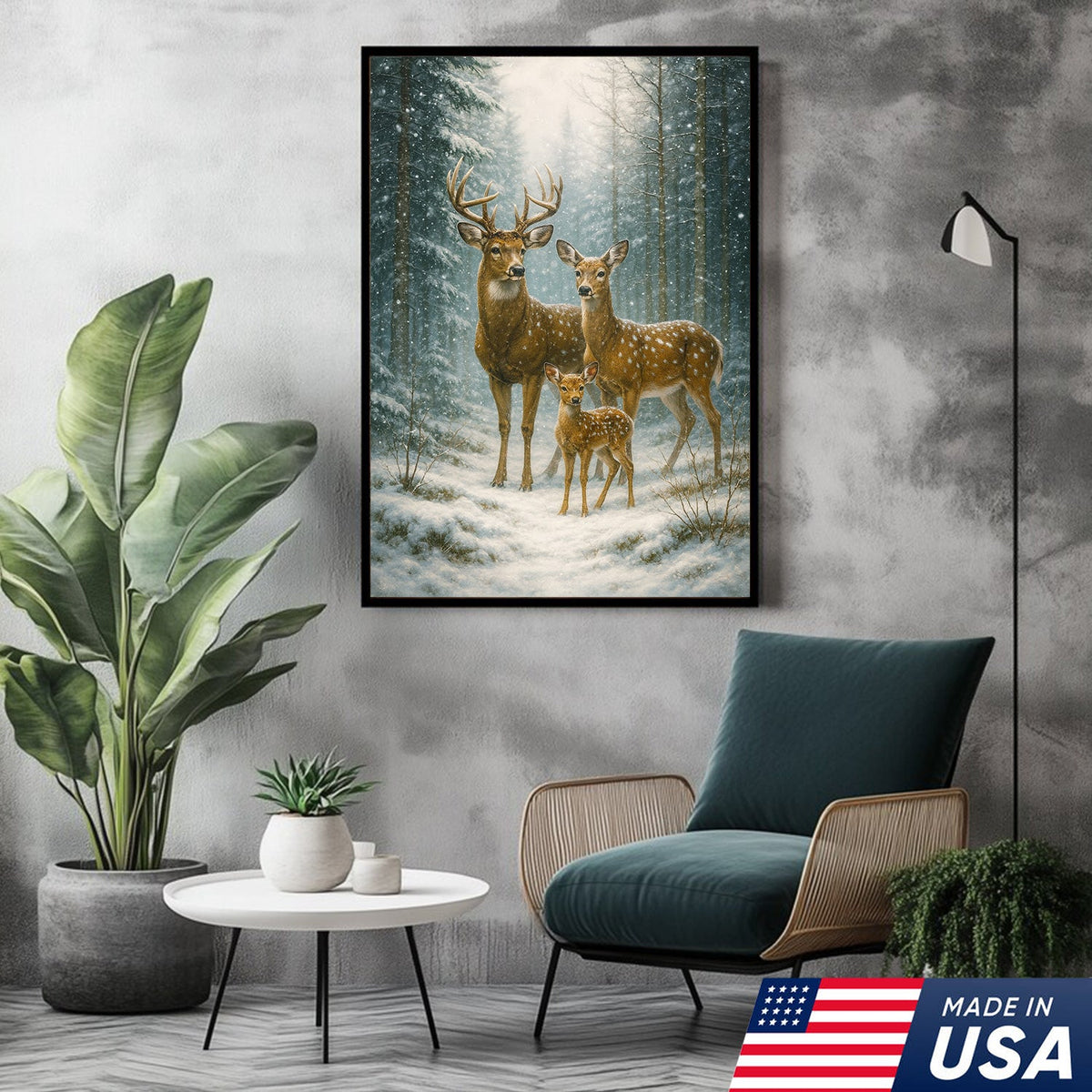 Deer Family Winter Forest Wall Art Canvas – Christmas Wildlife Gift for Nature Lovers & Cabin Homes