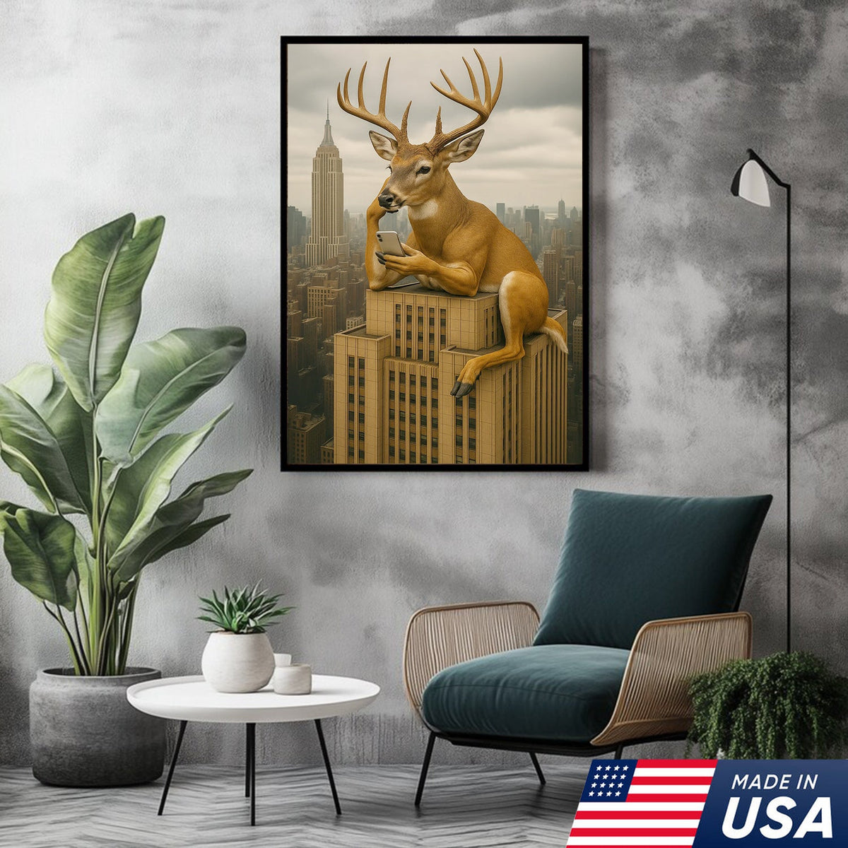 Funny Deer City Canvas Wall Art — Whitetail Buck on Skyscraper Using Phone, Surreal Urban Wildlife Artwork
