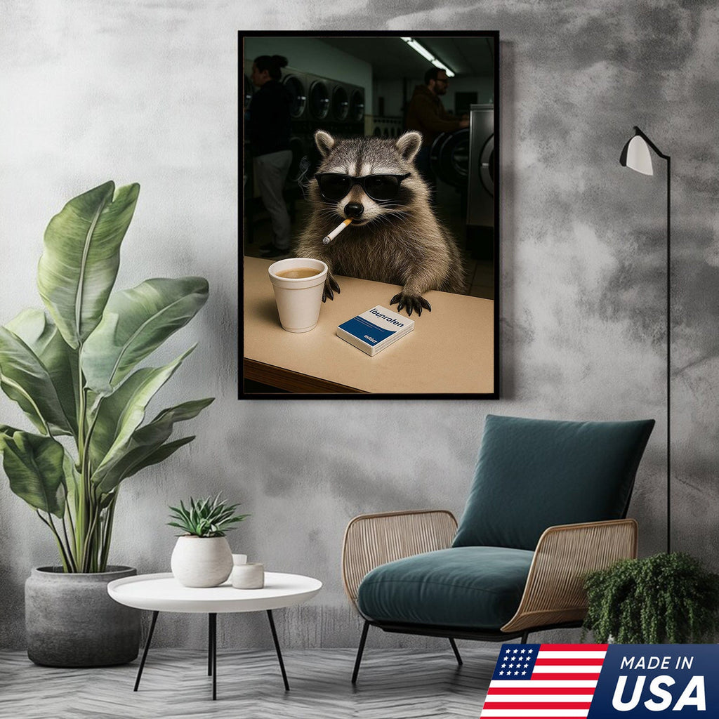 Cool Raccoon Laundromat Canvas Wall Art, Funny Coffee Drinking Raccoon Print