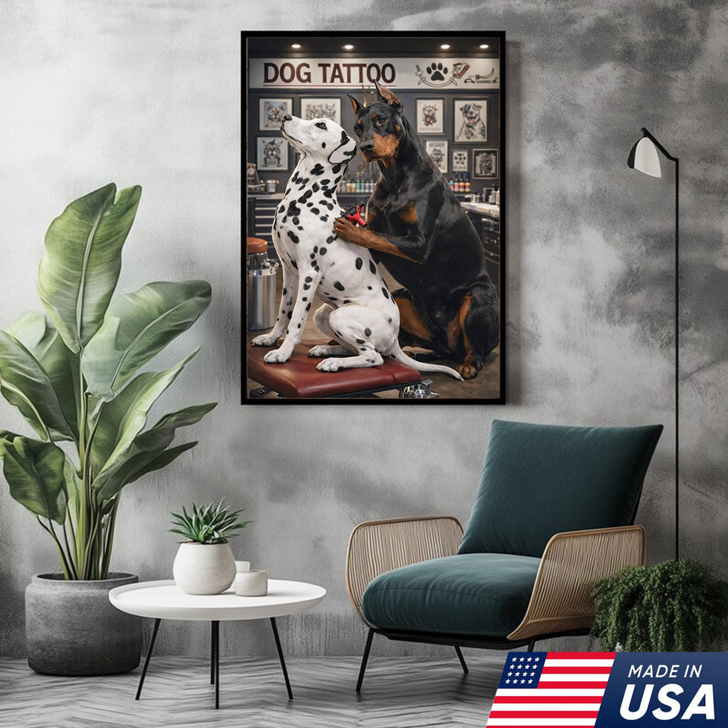 Funny Dog Tattoo Studio Canvas Wall Art, Doberman Tattoo Artist with Dalmatian Client