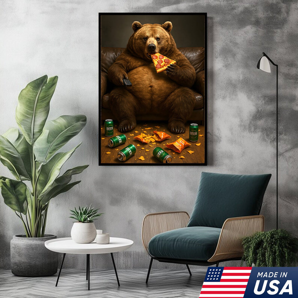 Funny Bear Eating Pizza Canvas Wall Art – Lazy Beer Lover Animal Canvas, Man Cave