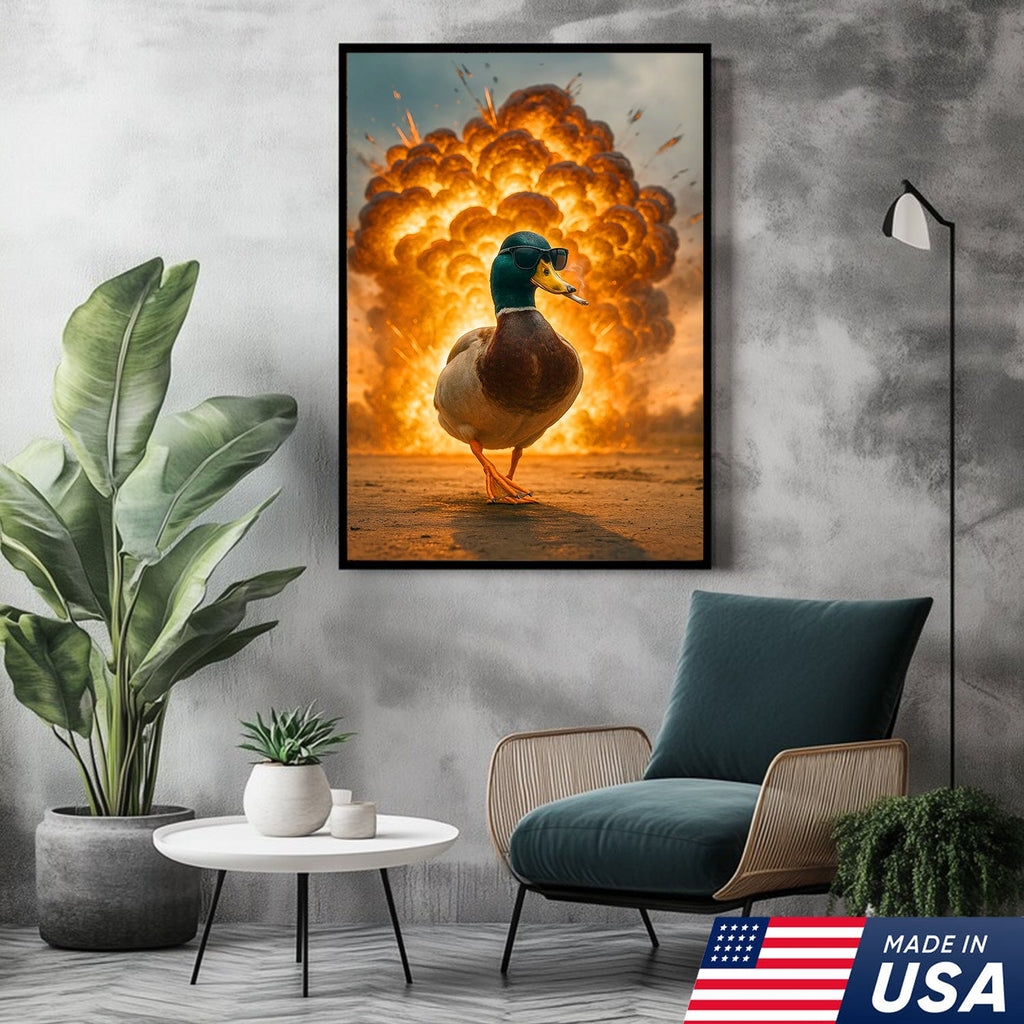 Cool Duck Walking from Explosion Canvas Wall Art, Funny Action Movie Style Decor for Man Cave