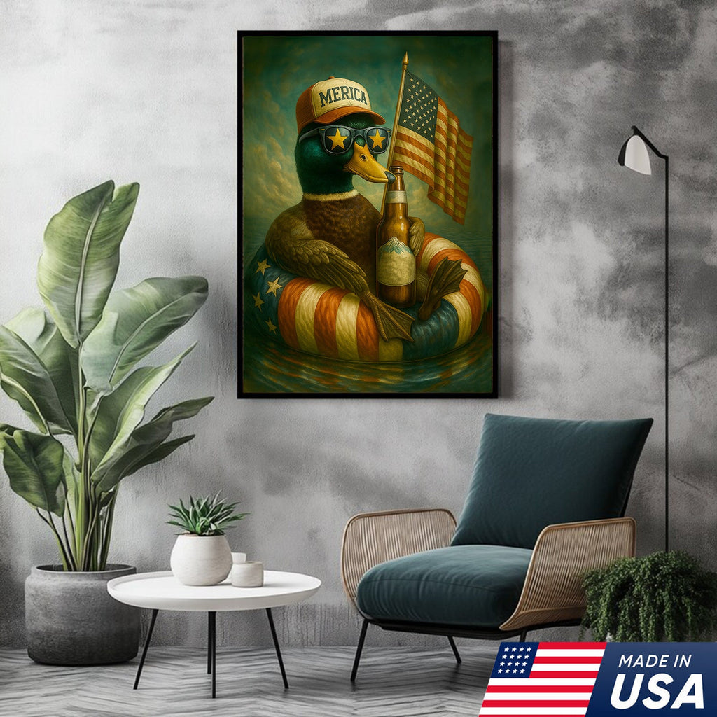 Funny Patriotic Duck Canvas Wall Art – Rustic American Flag Decor Gift for Hunters & Beer Lovers