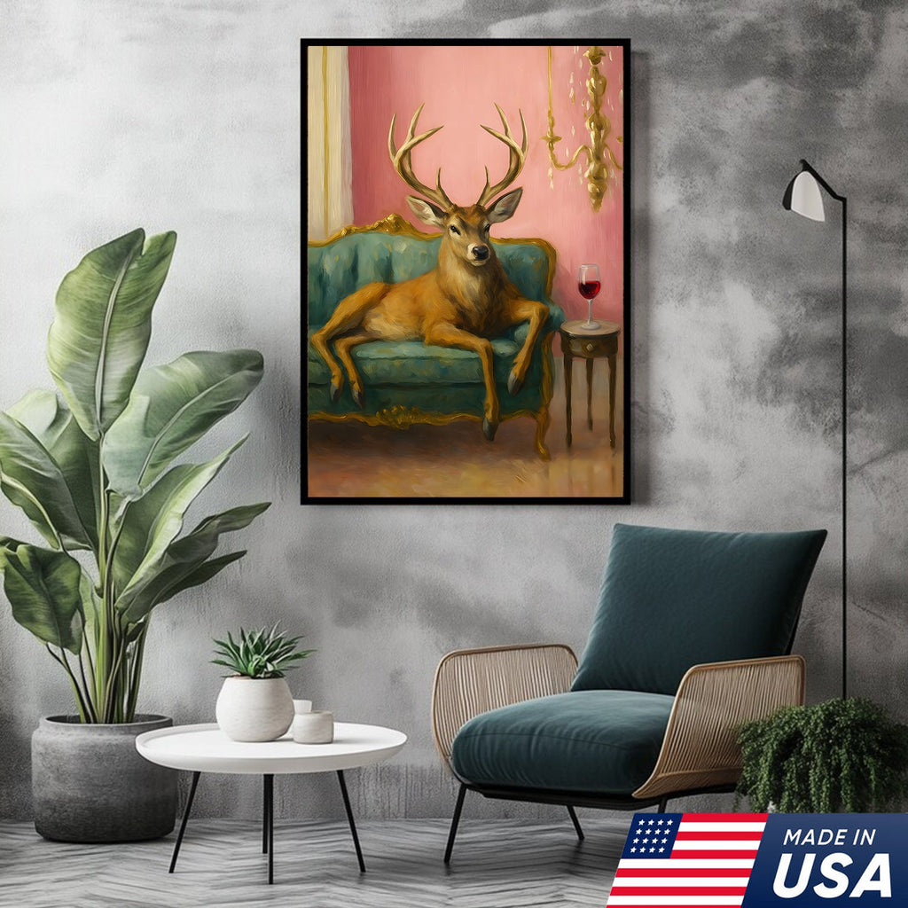 Funny Deer Chill On The Sofa Canvas Wall Art – Elegant Deer Drinking Wine Canvas
