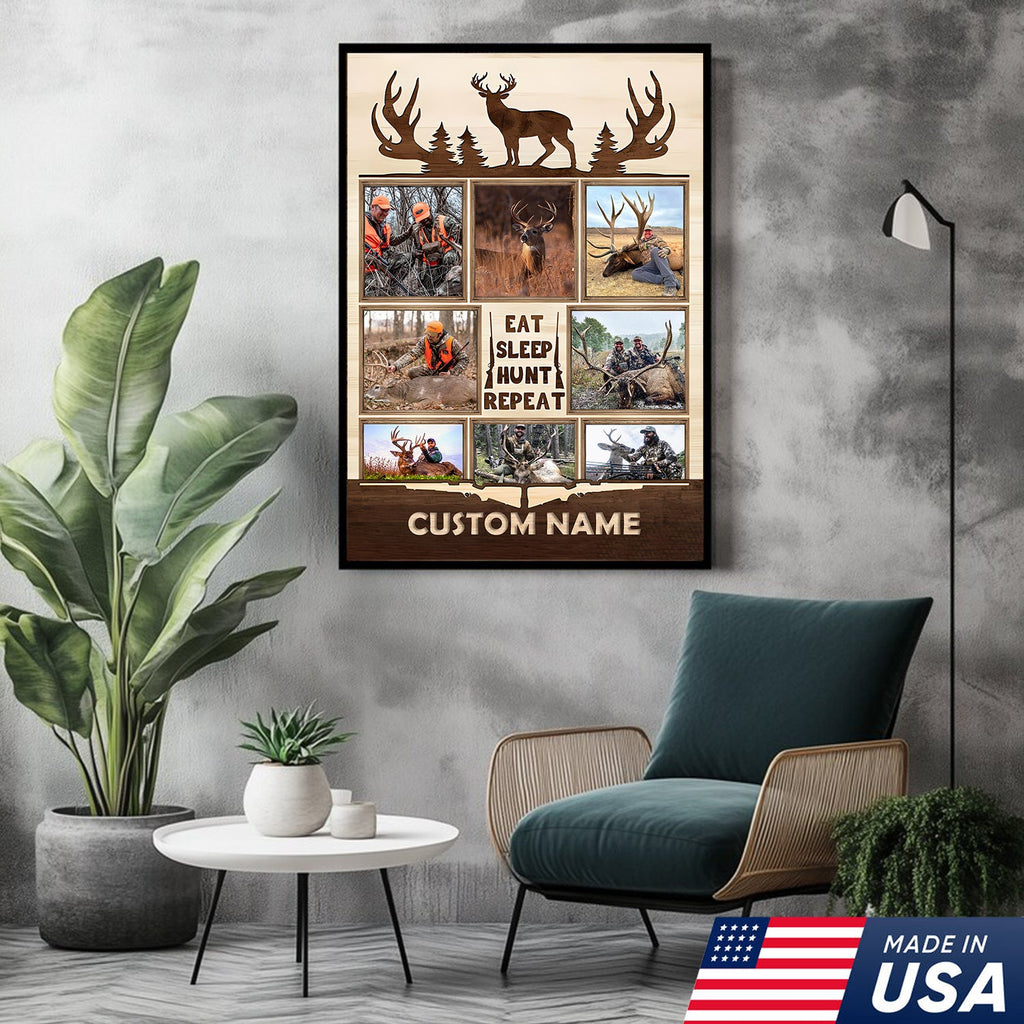 Personalized Hunting Photo Collage Canvas, Deer Antler Wall Art, Custom Hunter Gift