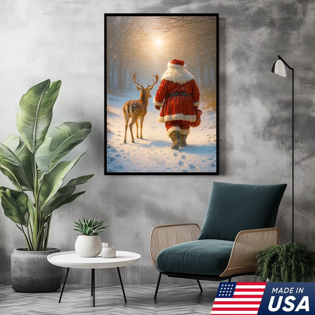 Santa and Deer Christmas Canvas Wall Art – Cozy Winter Forest Decor, Holiday Gifts for Home Lovers