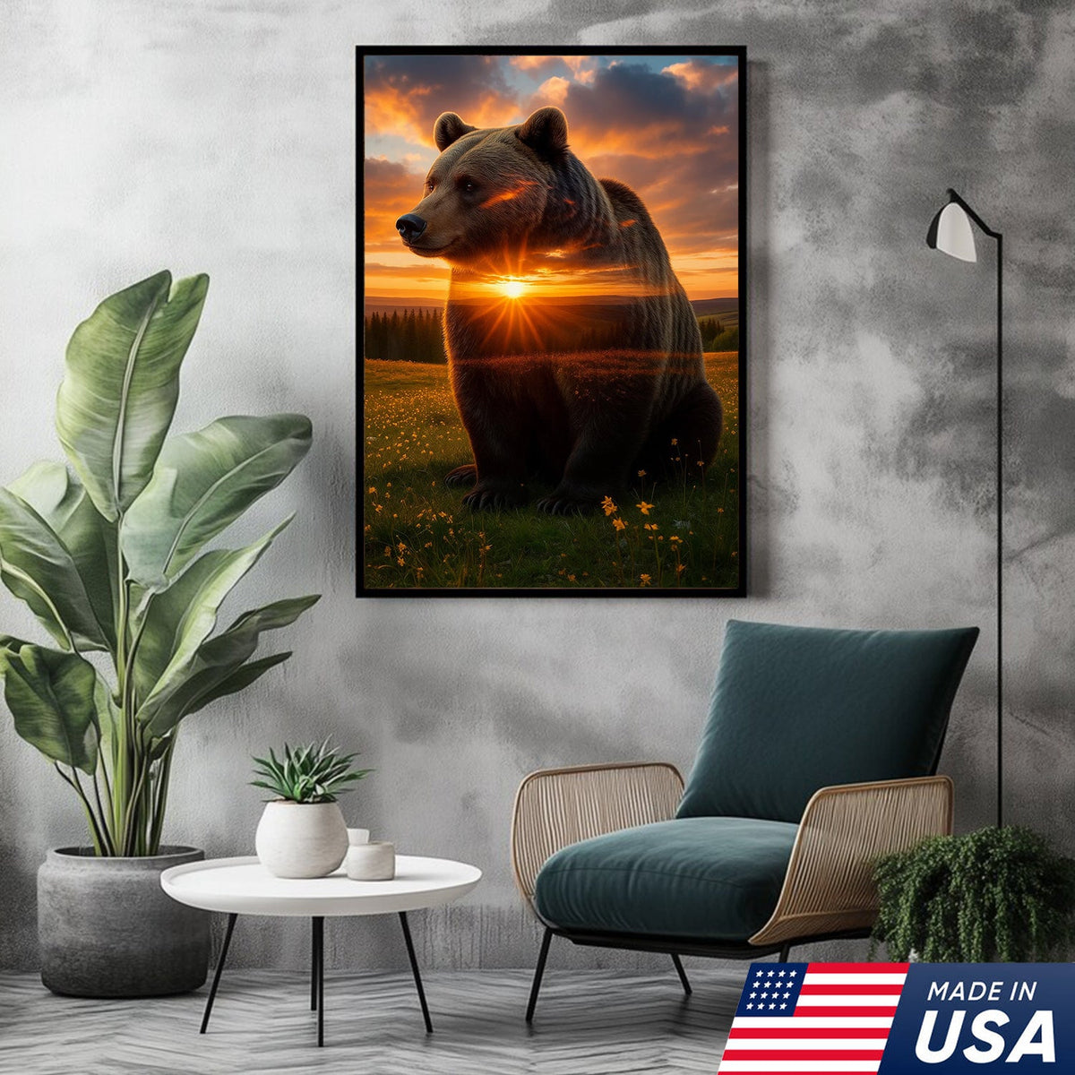 Sunset Bear Canvas Wall Art, Majestic Brown Bear Nature Landscape Print