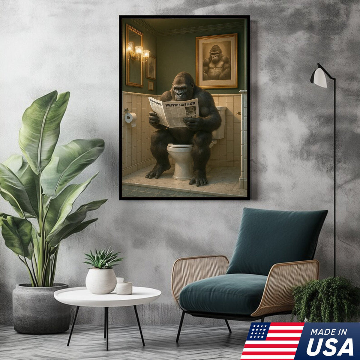 Funny Gorilla Bathroom Wall Art Canvas, Toilet Humor Decor for Men’s Restroom