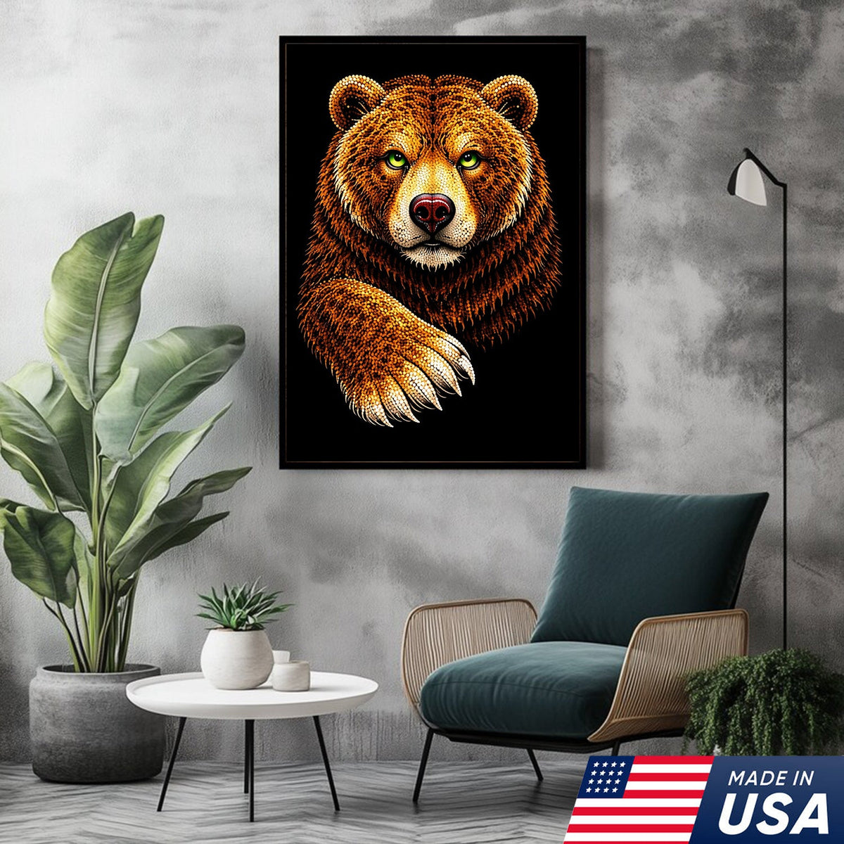 Golden Bear Portrait Canvas Wall Art – Majestic Wildlife Animal Print with Black Background