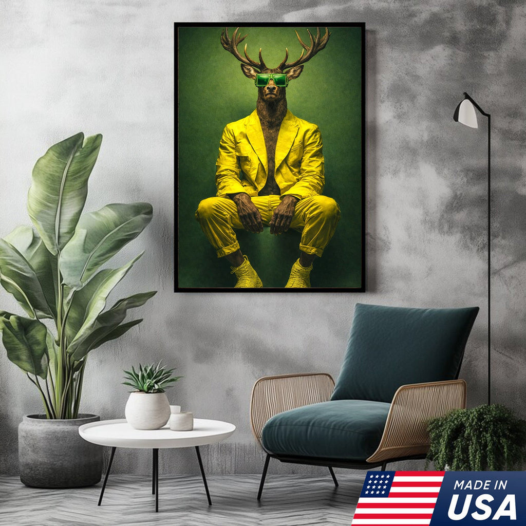 Cool Deer Canvas Wall Art Stylish Animal Portrait Green Suit Modern Decor