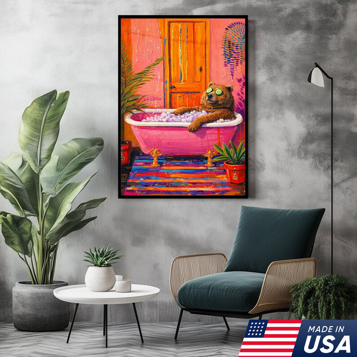 Funny Bear Bath Canvas Wall Art – Colorful Animal Bathroom Decor