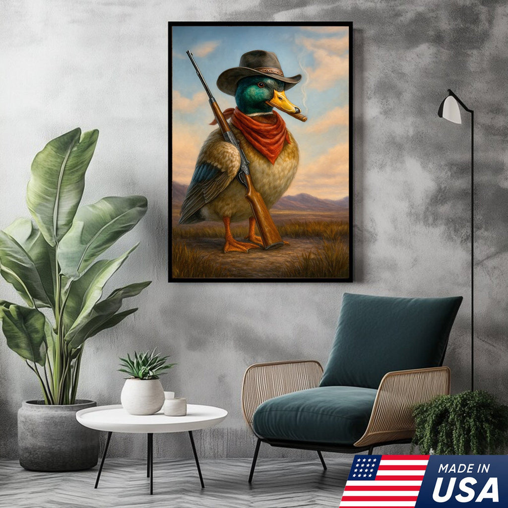 Cowboy Duck with Rifle Canvas Wall Art, Funny Western Hunter Decor for Lodge or Cabin