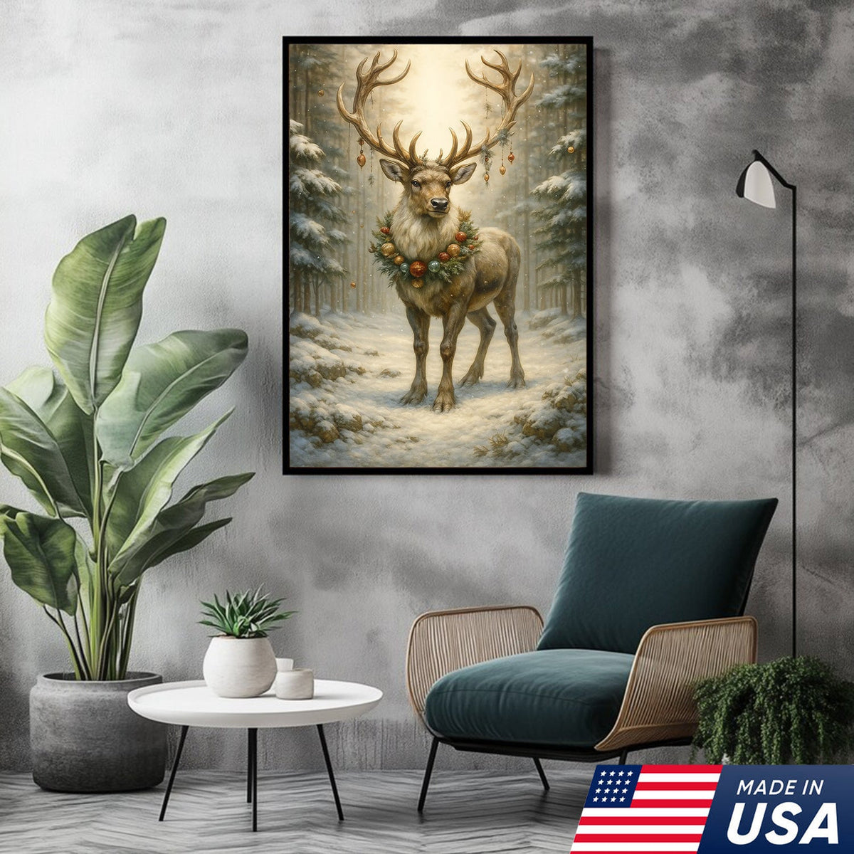 Christmas Reindeer Canvas Wall Art, Majestic Deer with Ornament Wreath in Snowy Forest