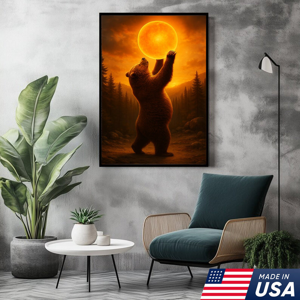 Bear Holding the Sun Canvas Art – Sunset Wilderness Wall Decor for Cabin & Home
