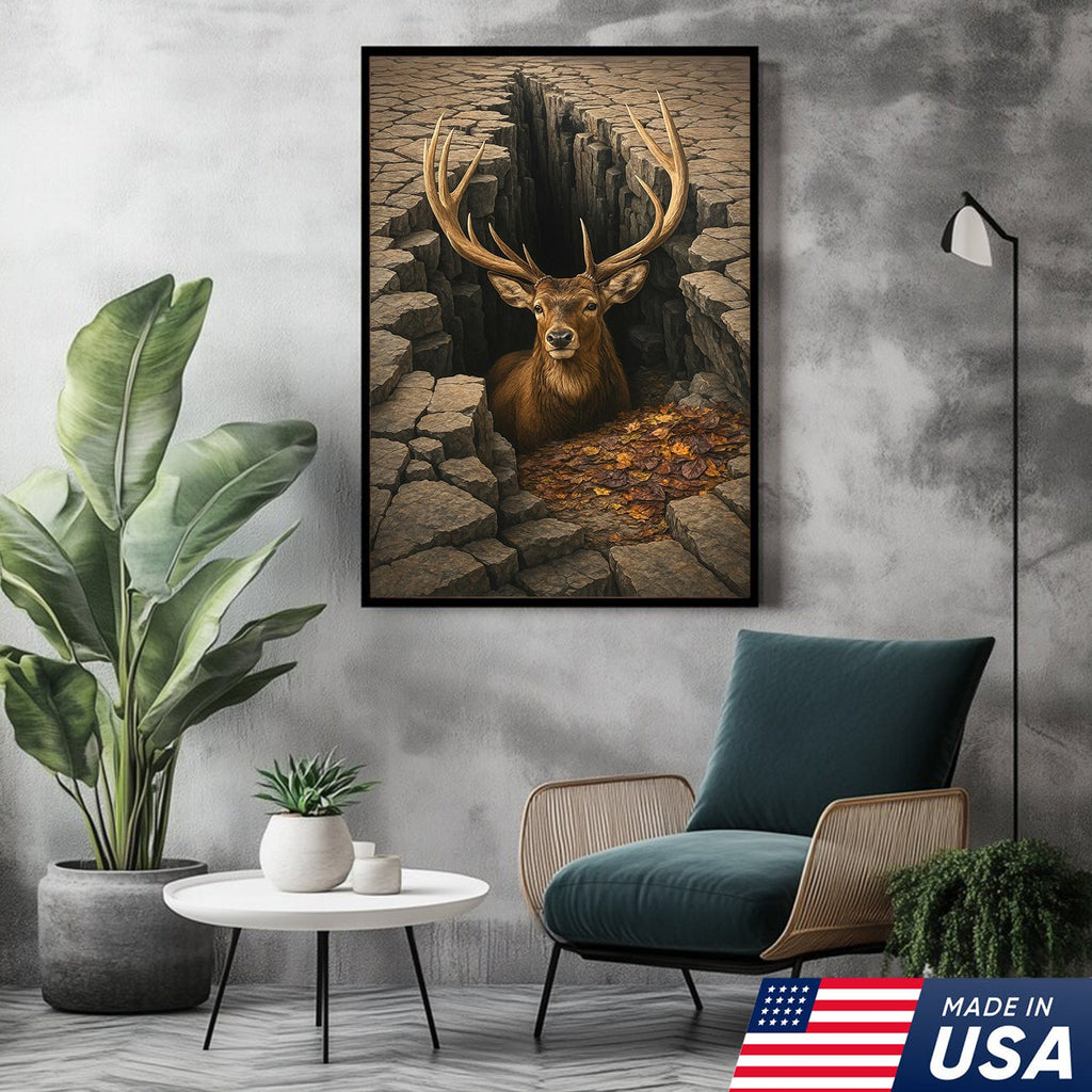 Epic Deer Canvas Art – Majestic Buck Emerging from Cracked Earth