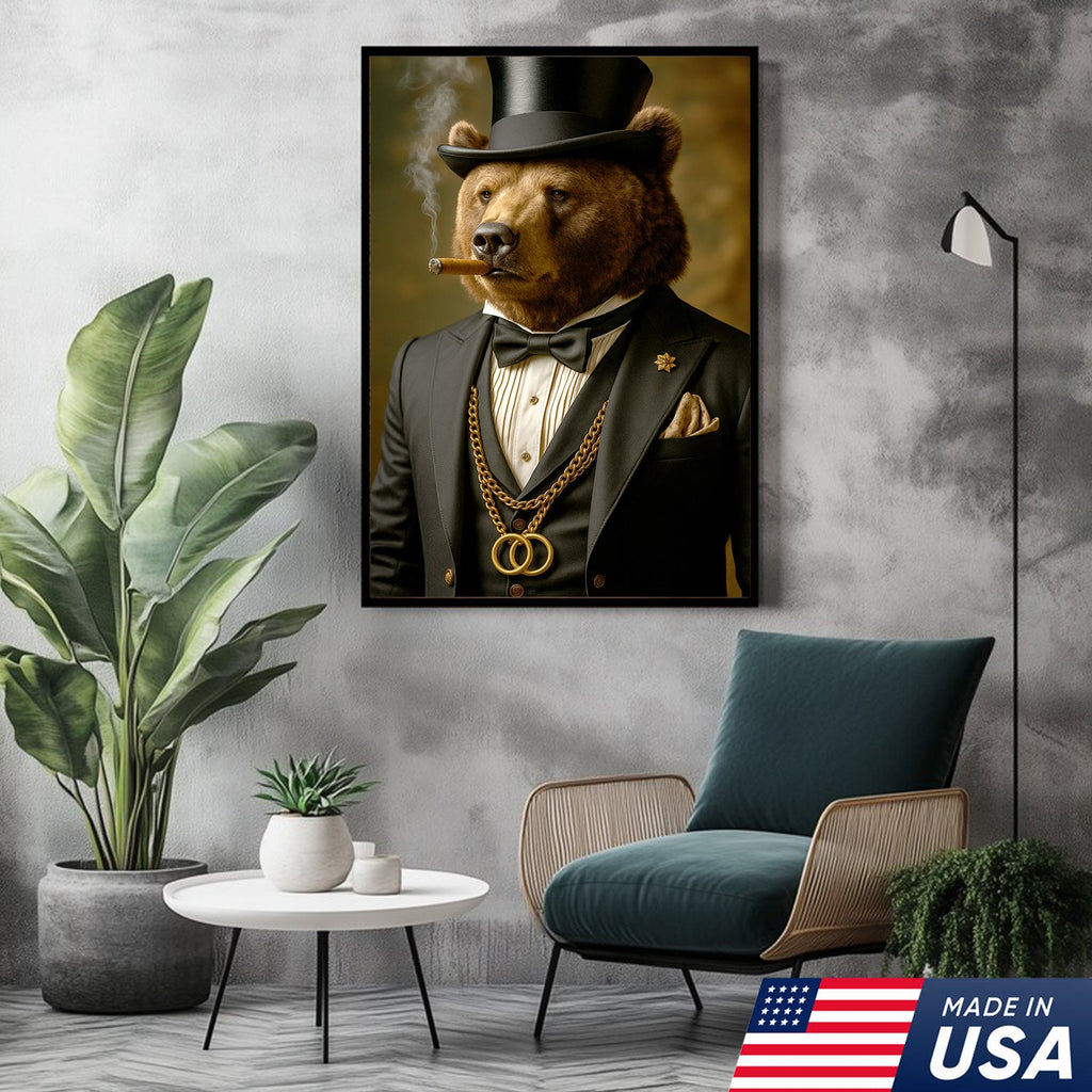Bear Gentleman Wall Art Canvas – Fancy Suit & Cigar Canvas Print for Home Bar, Man Cave Decor