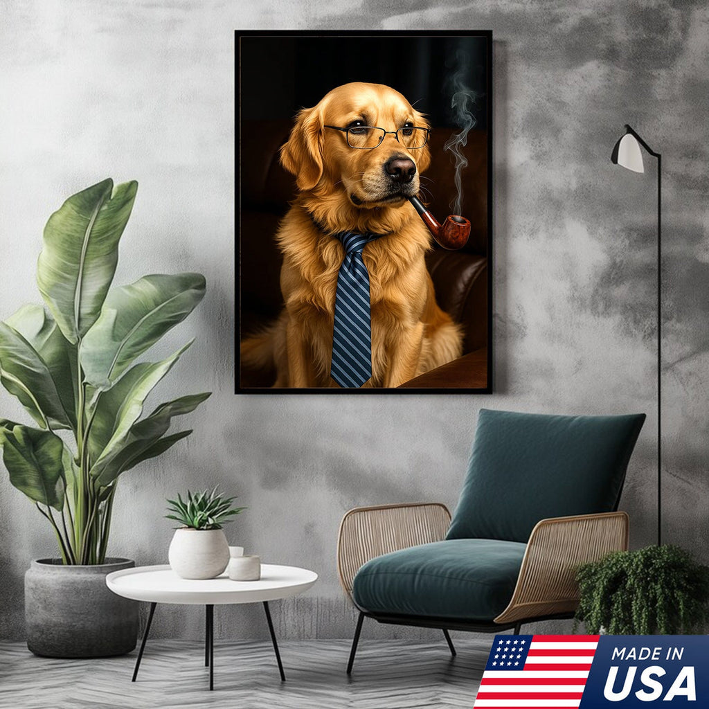 Gentleman Dog Canvas Art – Golden Retriever in Glasses & Tie with Pipe
