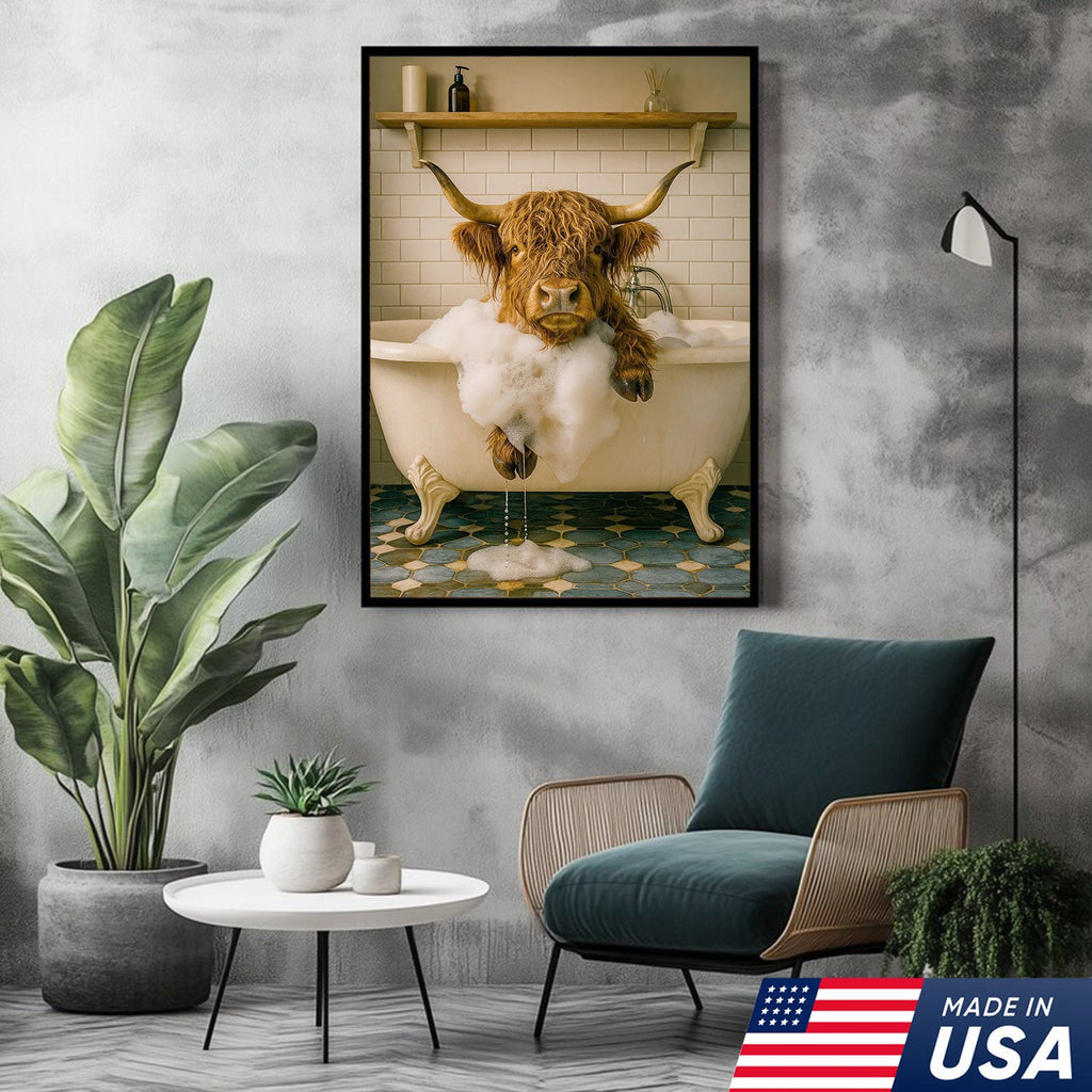 Highland Cow Bubble Bath Canvas Wall Art, Funny Farmhouse Bathroom Decor