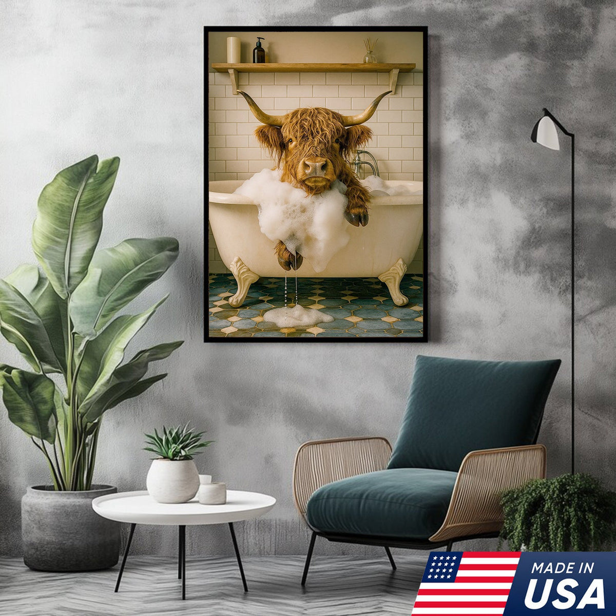Highland Cow Bubble Bath Canvas Wall Art, Funny Farmhouse Bathroom Decor