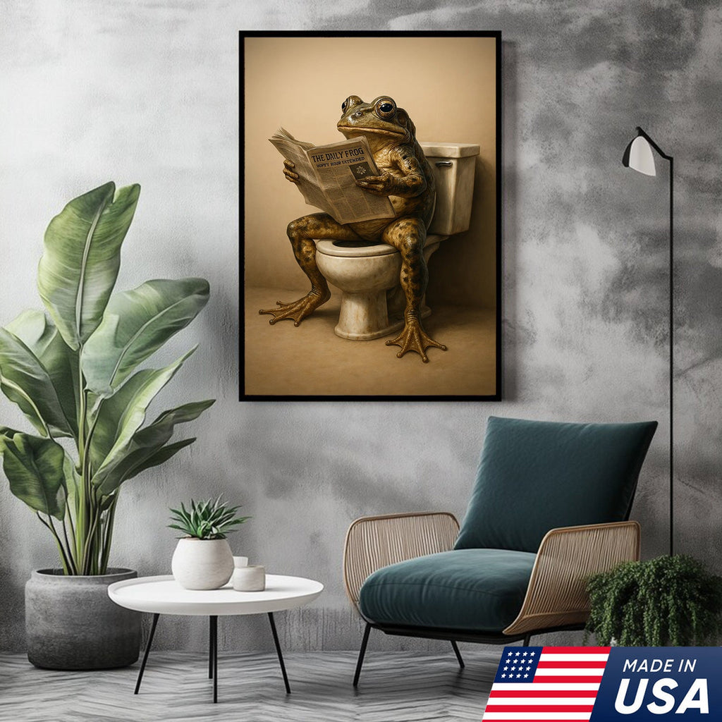 Funny Frog Bathroom Canvas Wall Art, Frog Reading Newspaper on Toilet