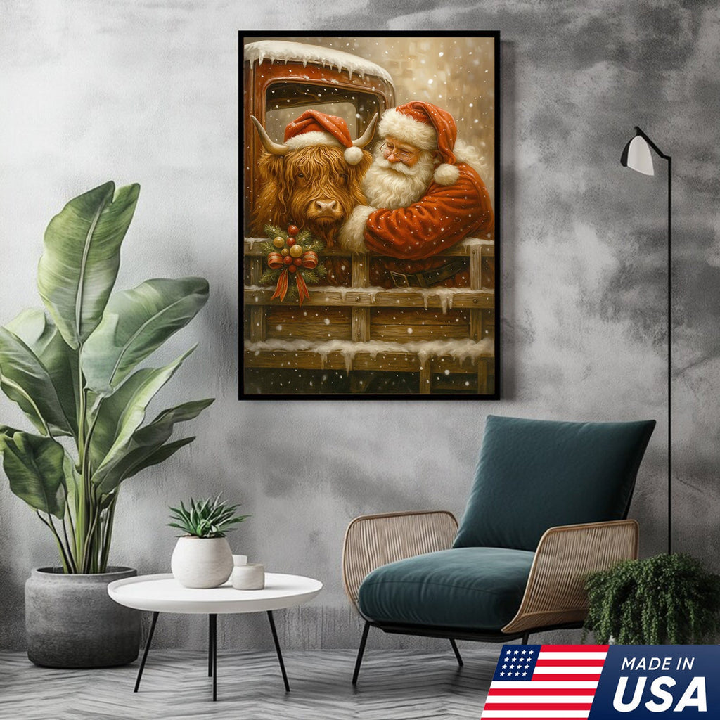 Santa and Highland Cow Christmas Canvas Wall Art, Rustic Farmhouse Holiday Truck Print