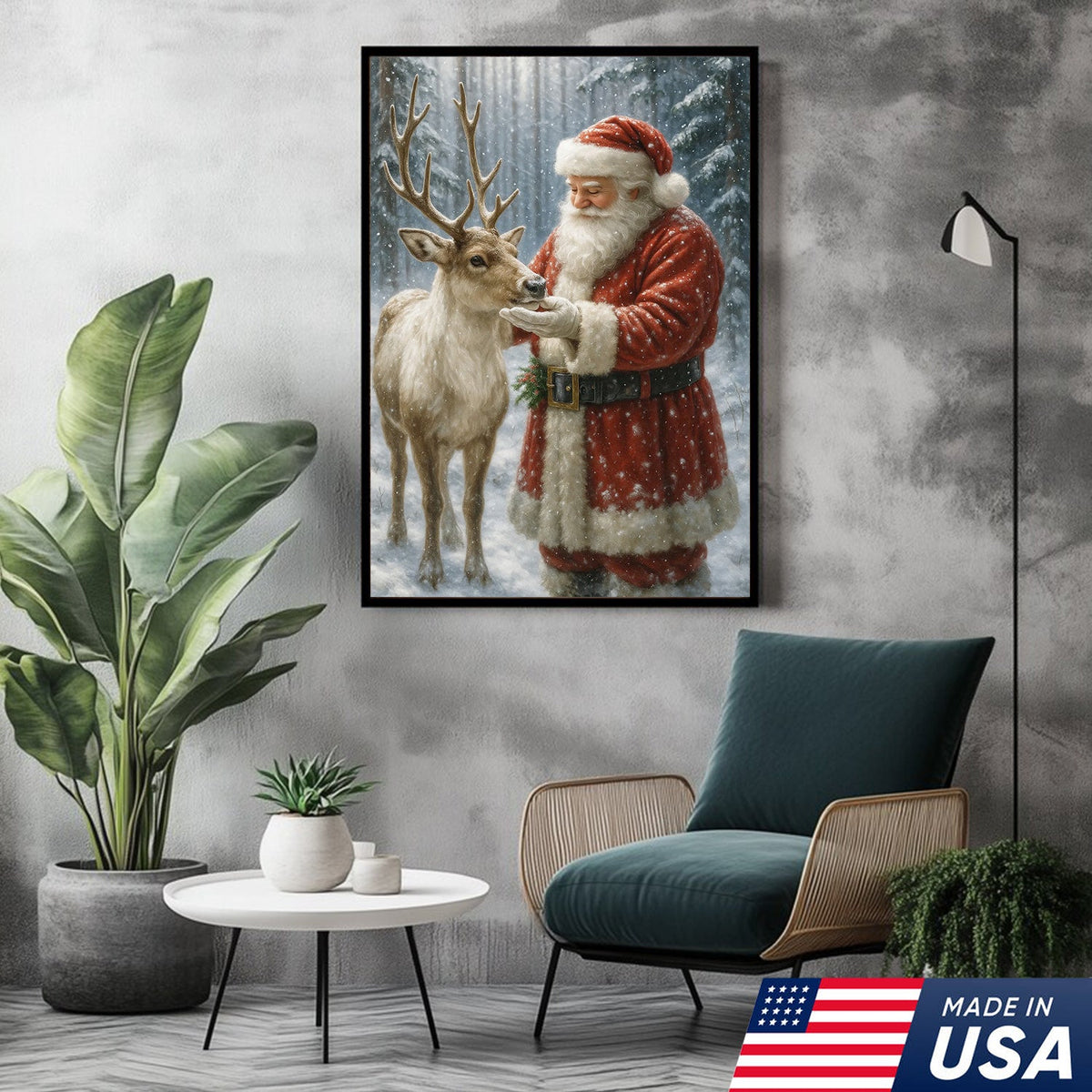 Santa and Reindeer Christmas Canvas Wall Art, Rustic Snowy Forest Holiday Print