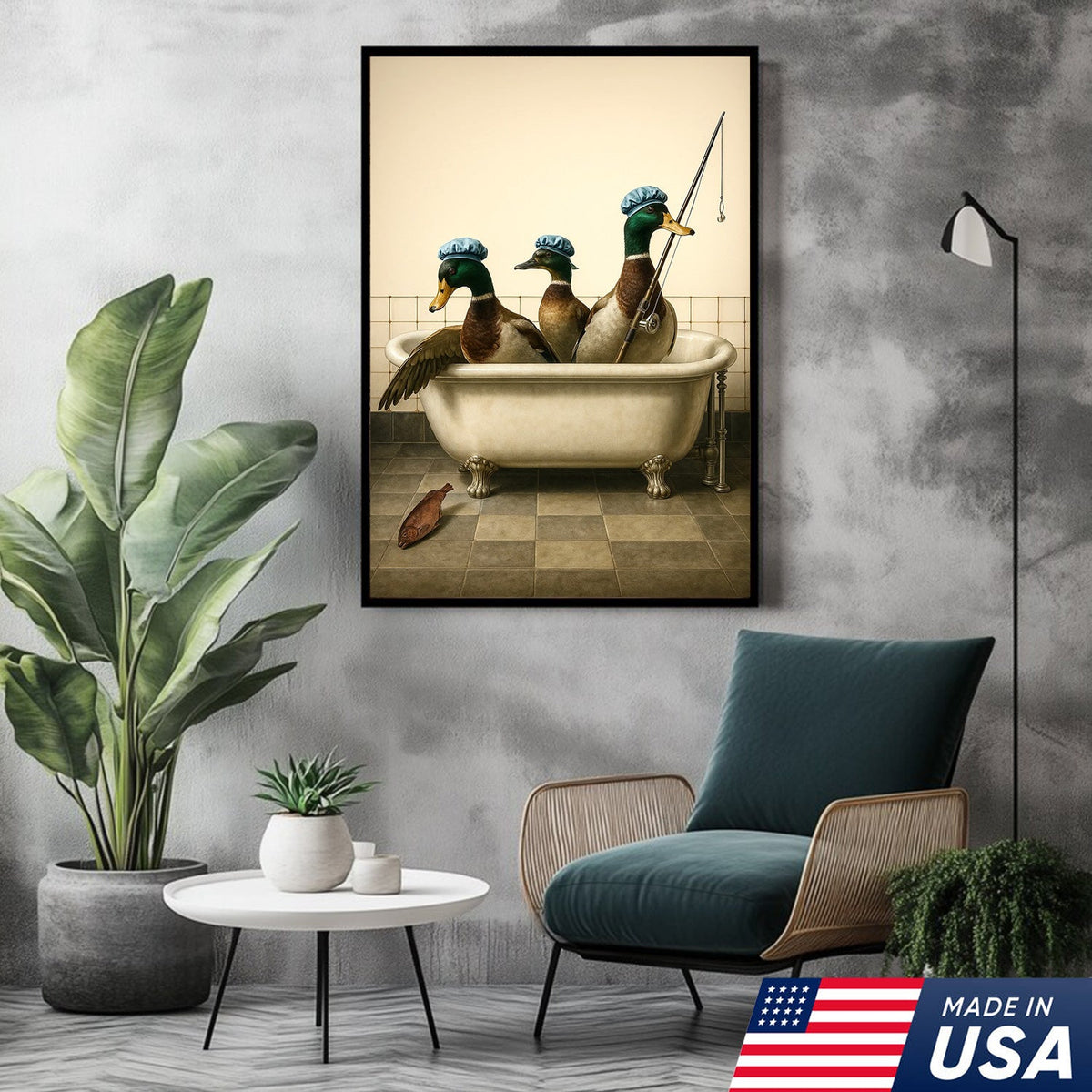 Fishing Ducks Canvas Art – Funny Trio of Ducks in Bathtub with Rod