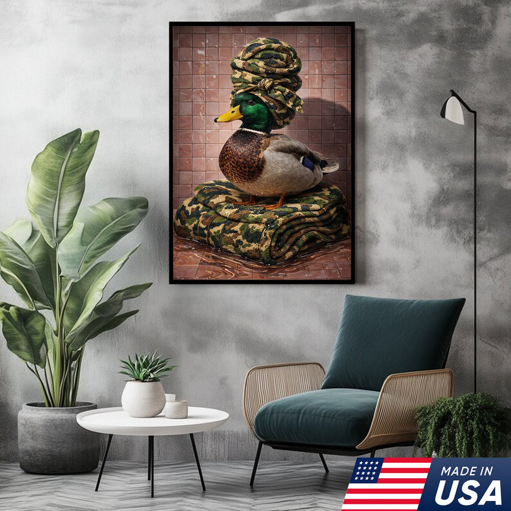 Funny Hunting Duck Bathroom Canvas – Camo Spa Duck Wall Art