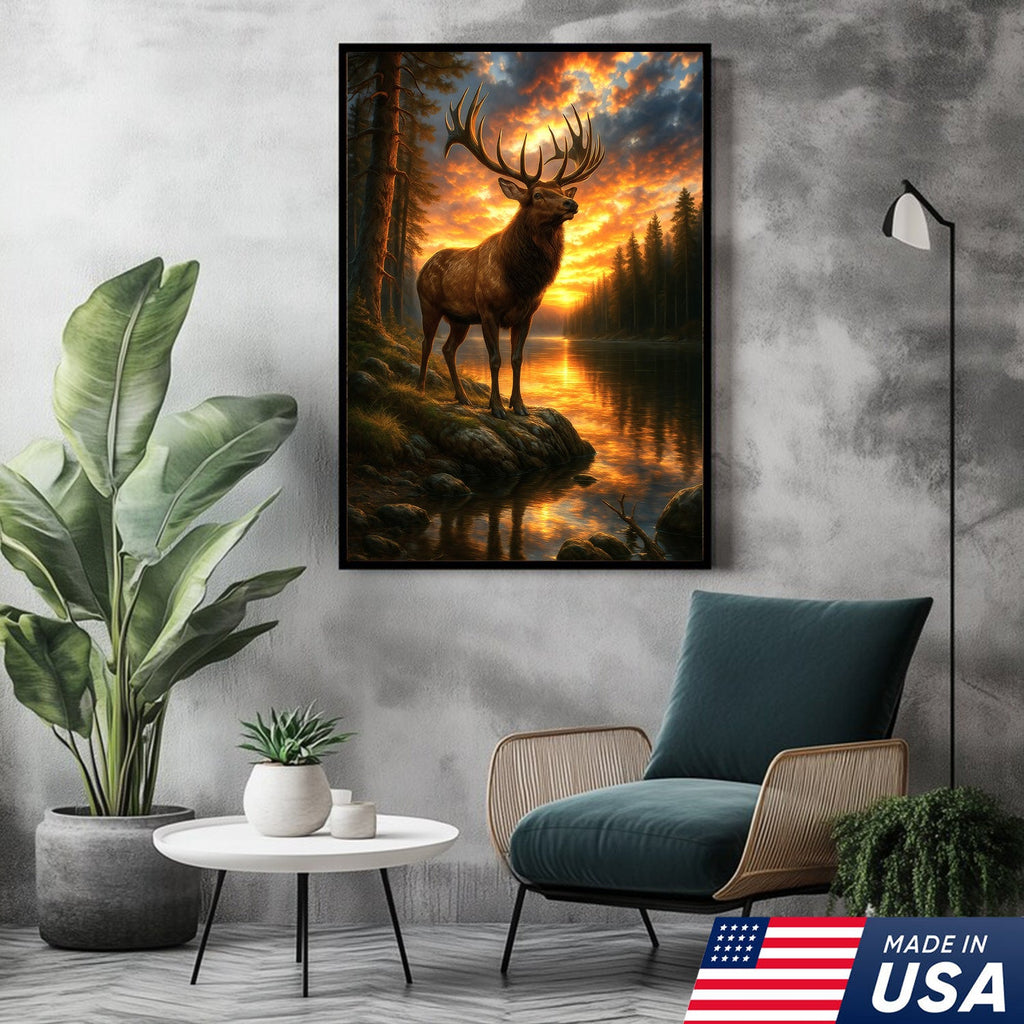 Majestic Elk at Sunset By The Lake Canvas– Wildlife Wall Art for Cabin, Lodge & Nature Lovers