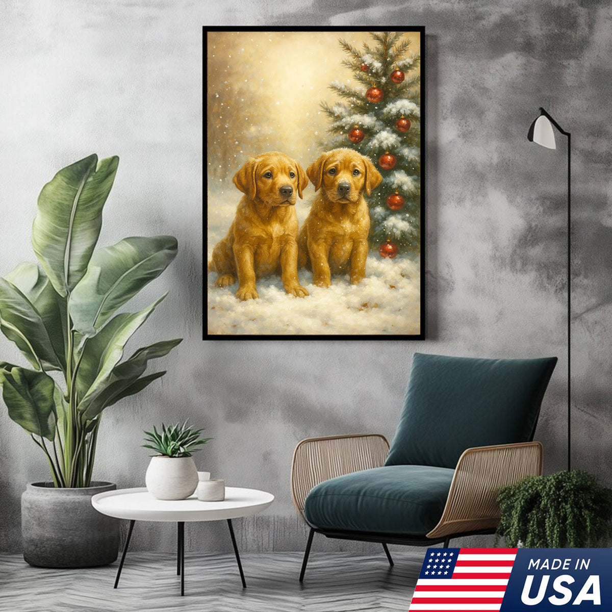 Christmas Golden Puppies Canvas Wall Art – Cute Labrador Dog Holiday Canvas Print