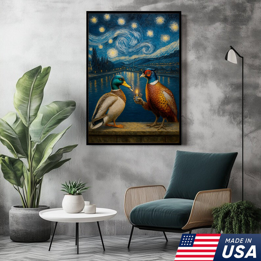 Starry Night Duck and Pheasant Canvas Wall Art, Van Gogh Inspired Wildlife Painting