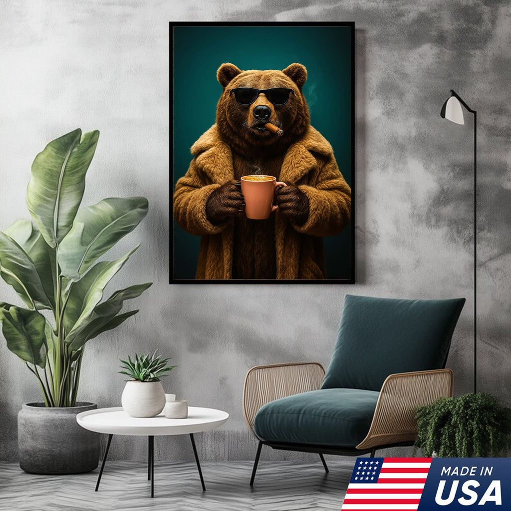 Cool Bear Wall Art Canvas - Smoking Bear Print, Funny Cigar Bear Decor