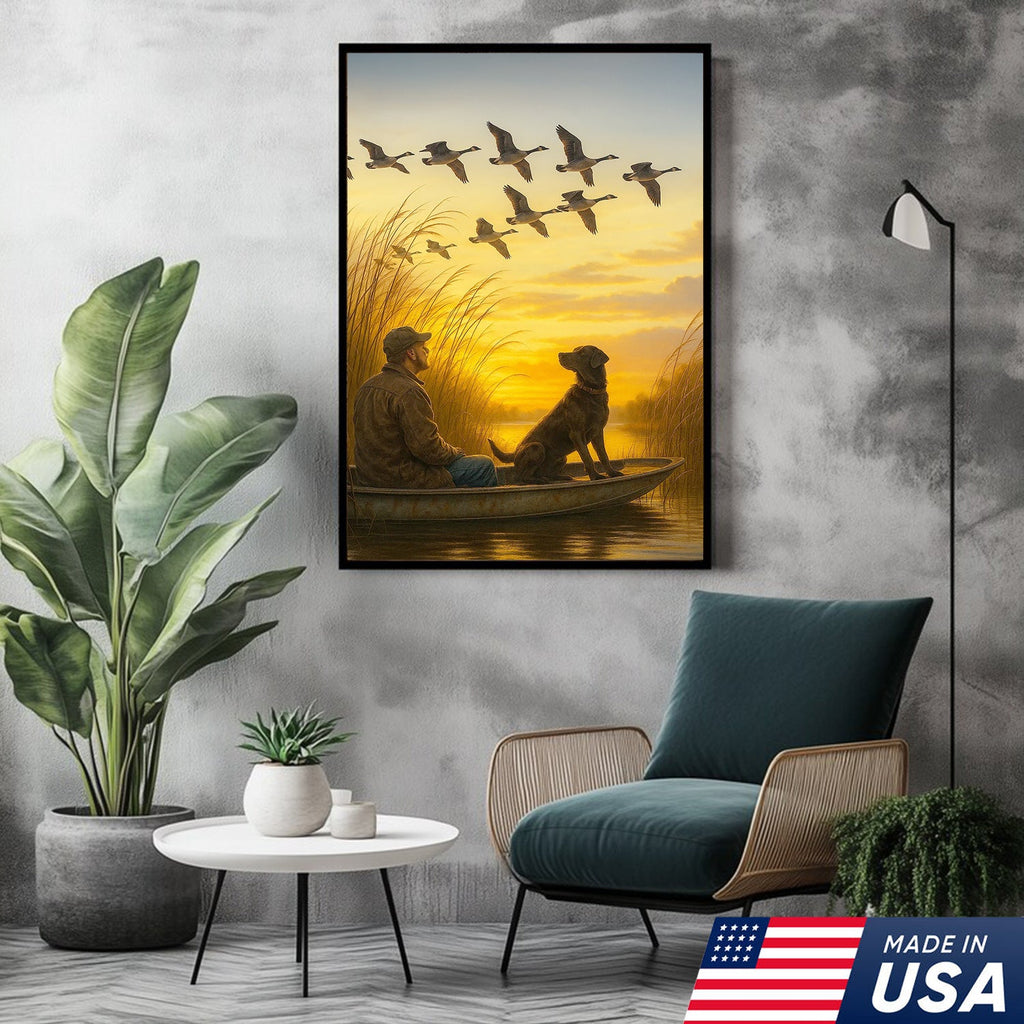 Waterfowl Hunting Wall Art – Duck Flock at Dawn, Hunter & Retriever In Boat, Rustic Decor