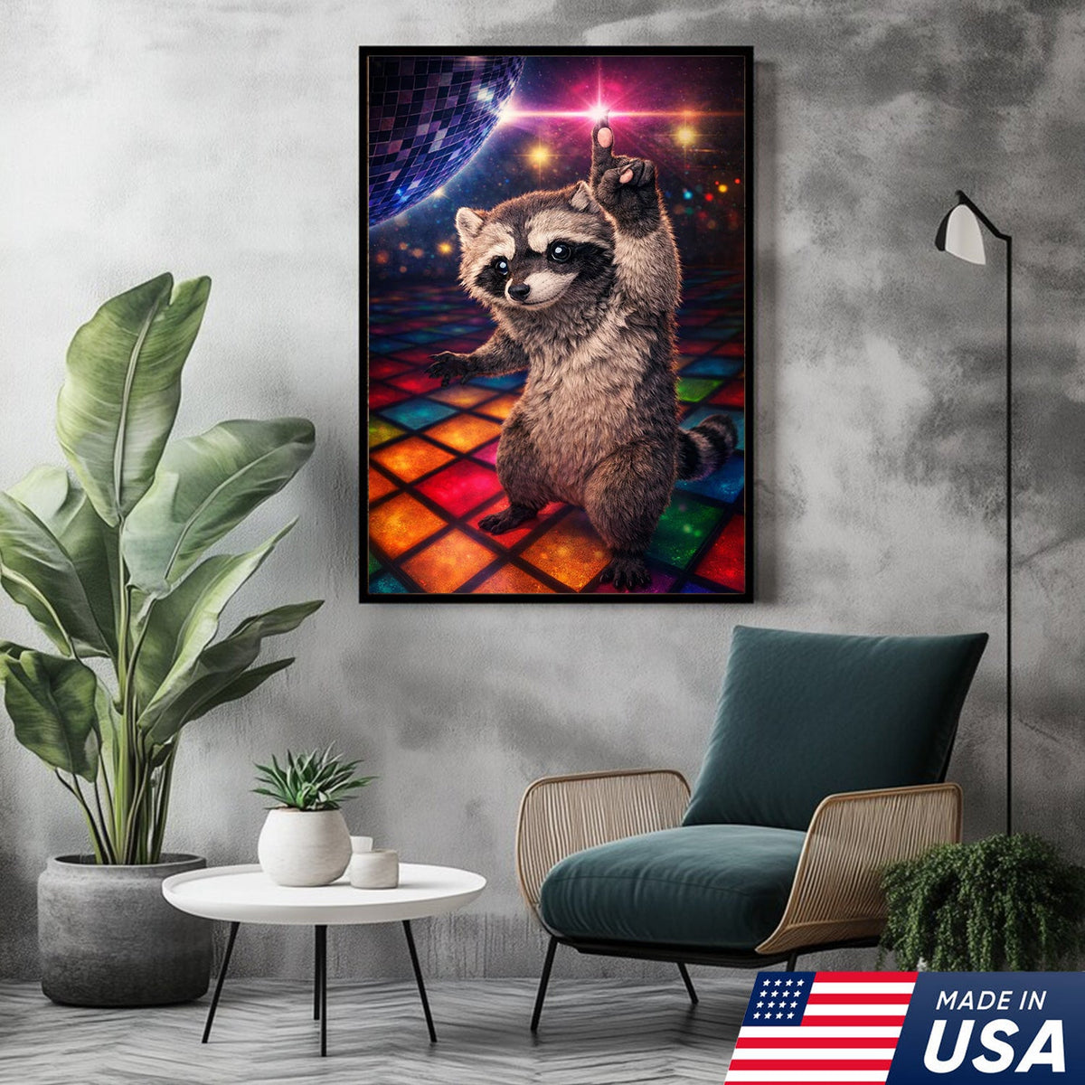 Disco Raccoon Wall Art Canvas Print, Funny Dancing Animal Illustration