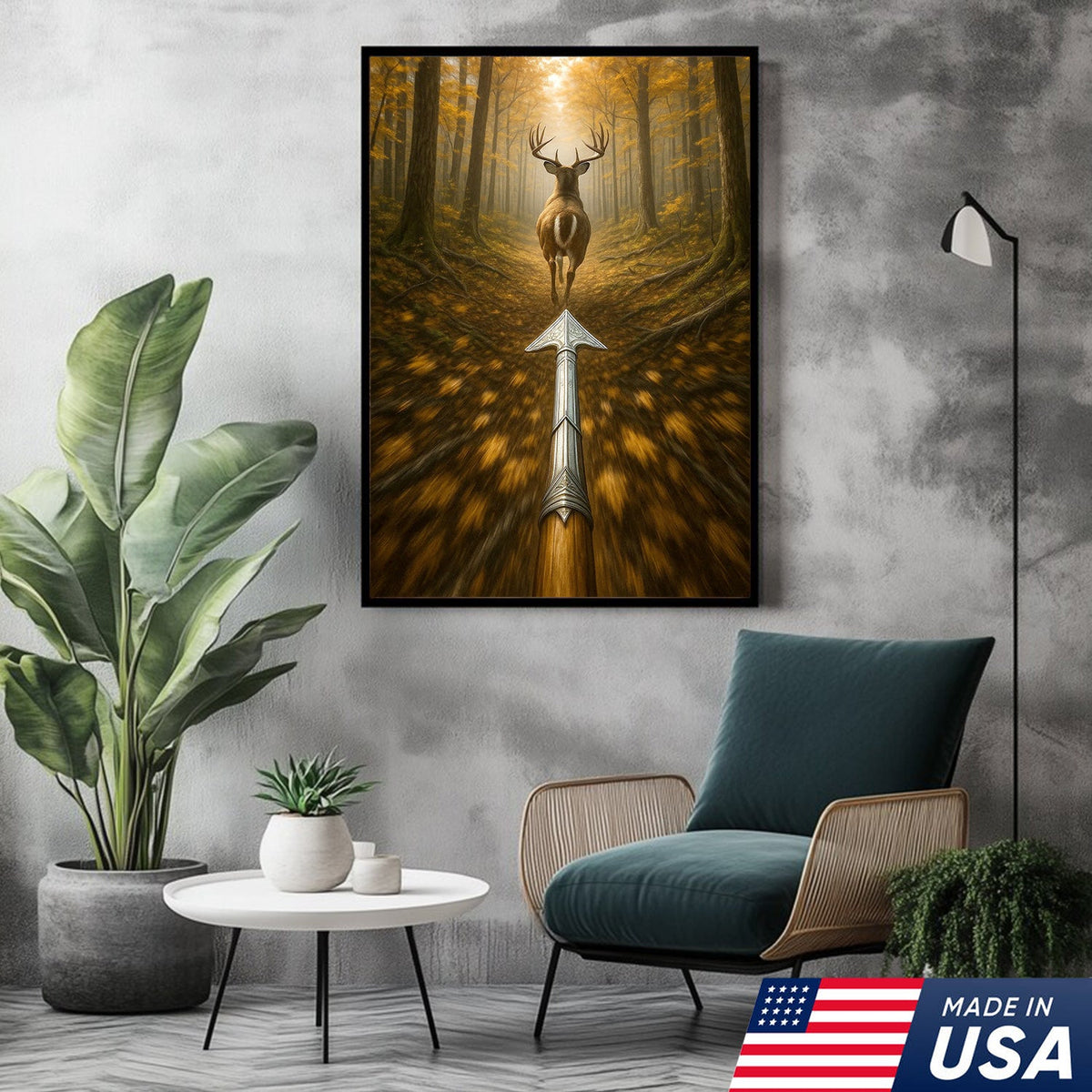 Deer Bow Hunting Canvas Wall Art, Arrowhead Forest Scene Artwork, Rustic Cabin Decor for Hunters