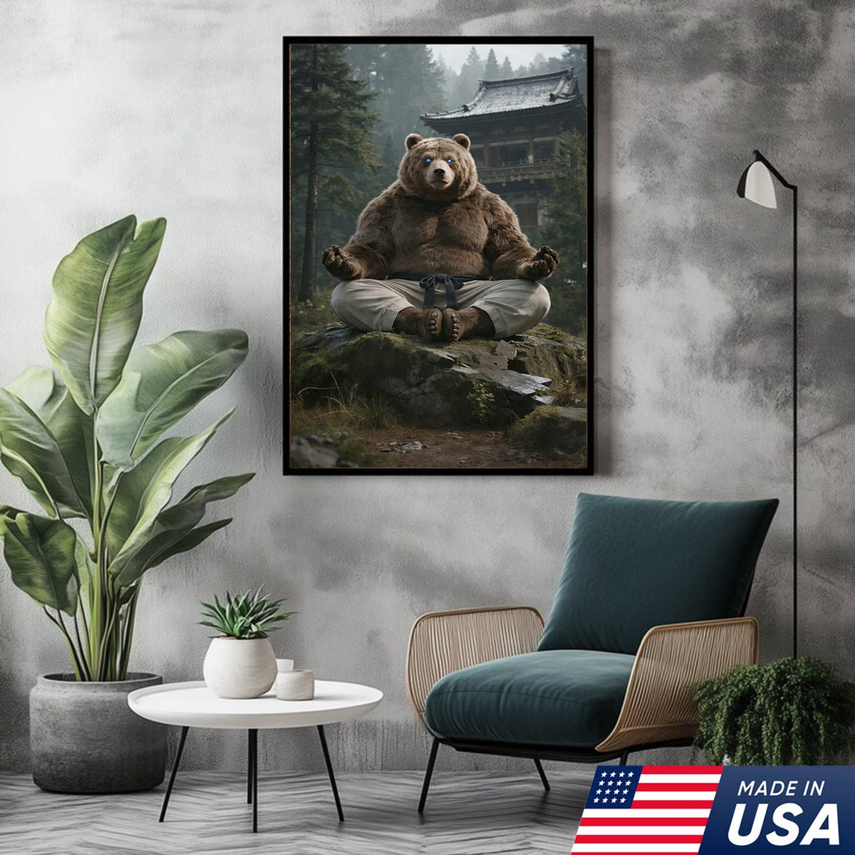 Zen Meditating Bear Canvas Wall Art, Martial Arts Bear in Forest Temple