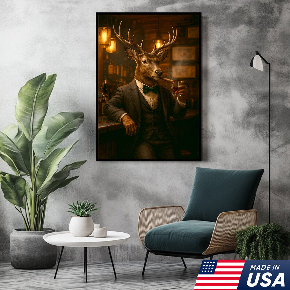 Deer Gentleman Wall Art – Classy Drinking & Smoking Canvas for Bar, Lodge & Man Cave Decor
