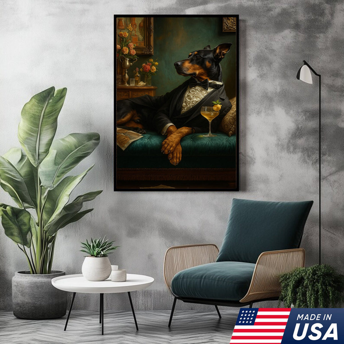 Elegant Doberman Gentleman Wall Art Canvas – Vintage Dog Portrait for Home Bar