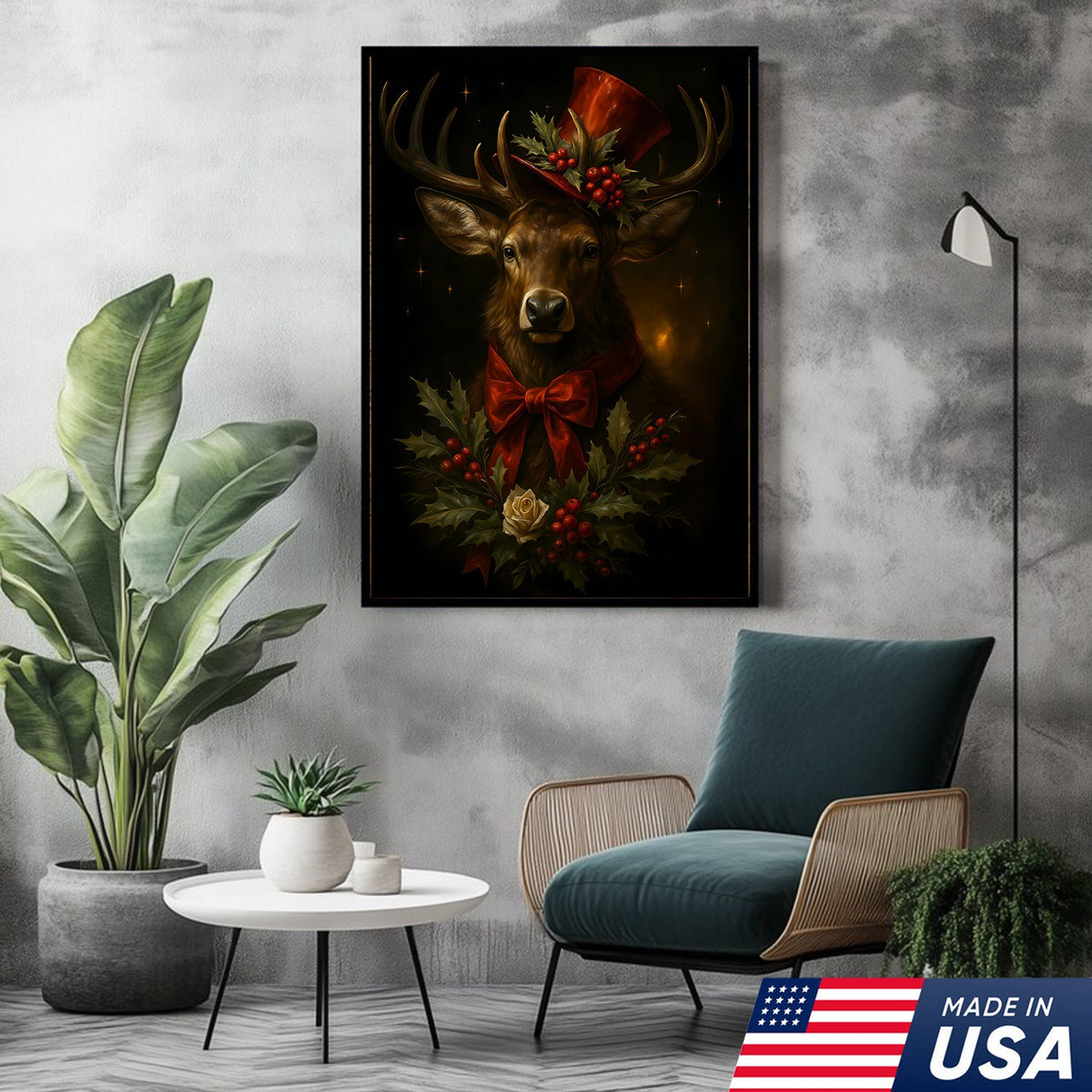 Christmas Deer Canvas Wall Art – Rustic Holiday Decor for Cabin & Lodge