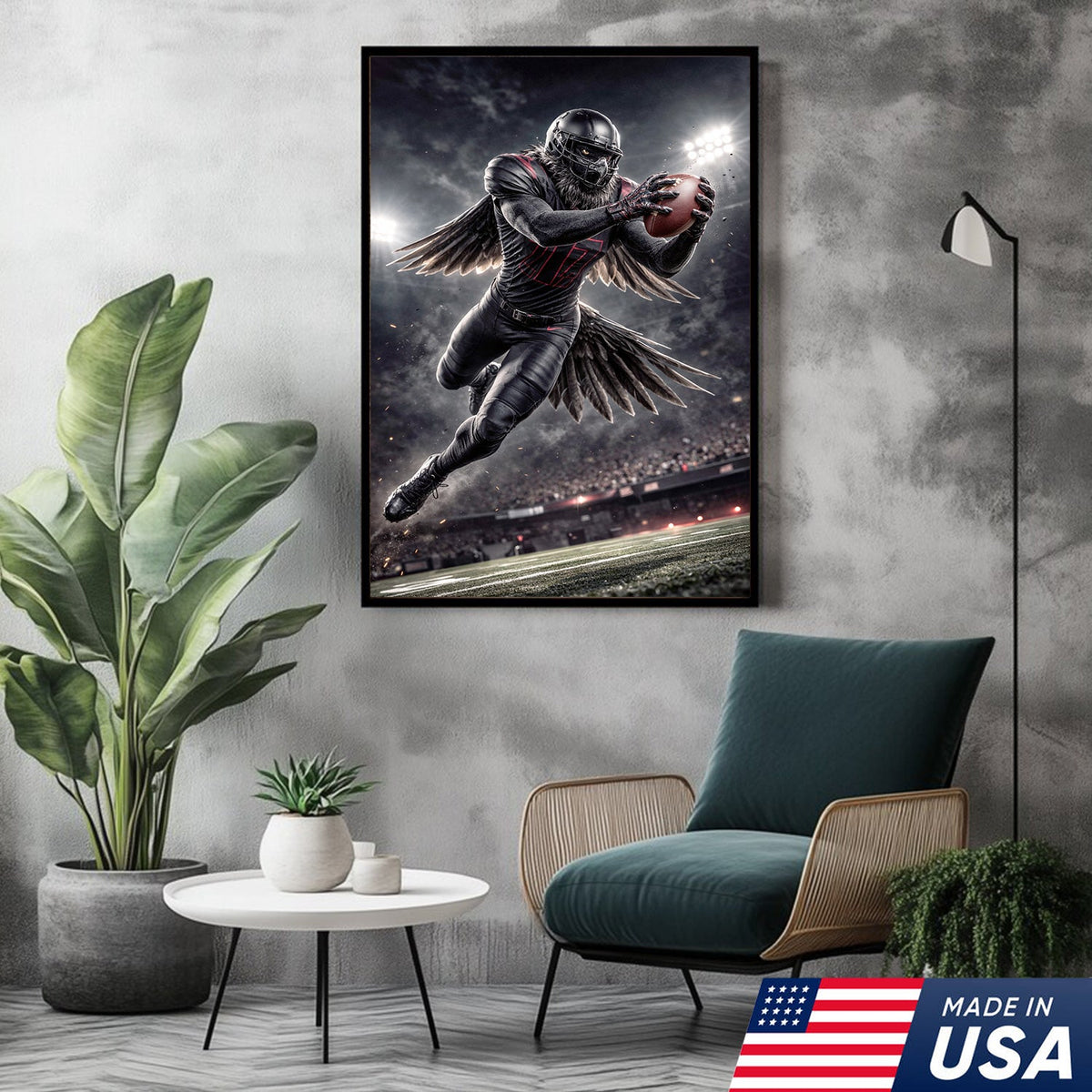 Dark Raven Football Canvas Wall Art – Black Winged Athlete Stadium Action Print