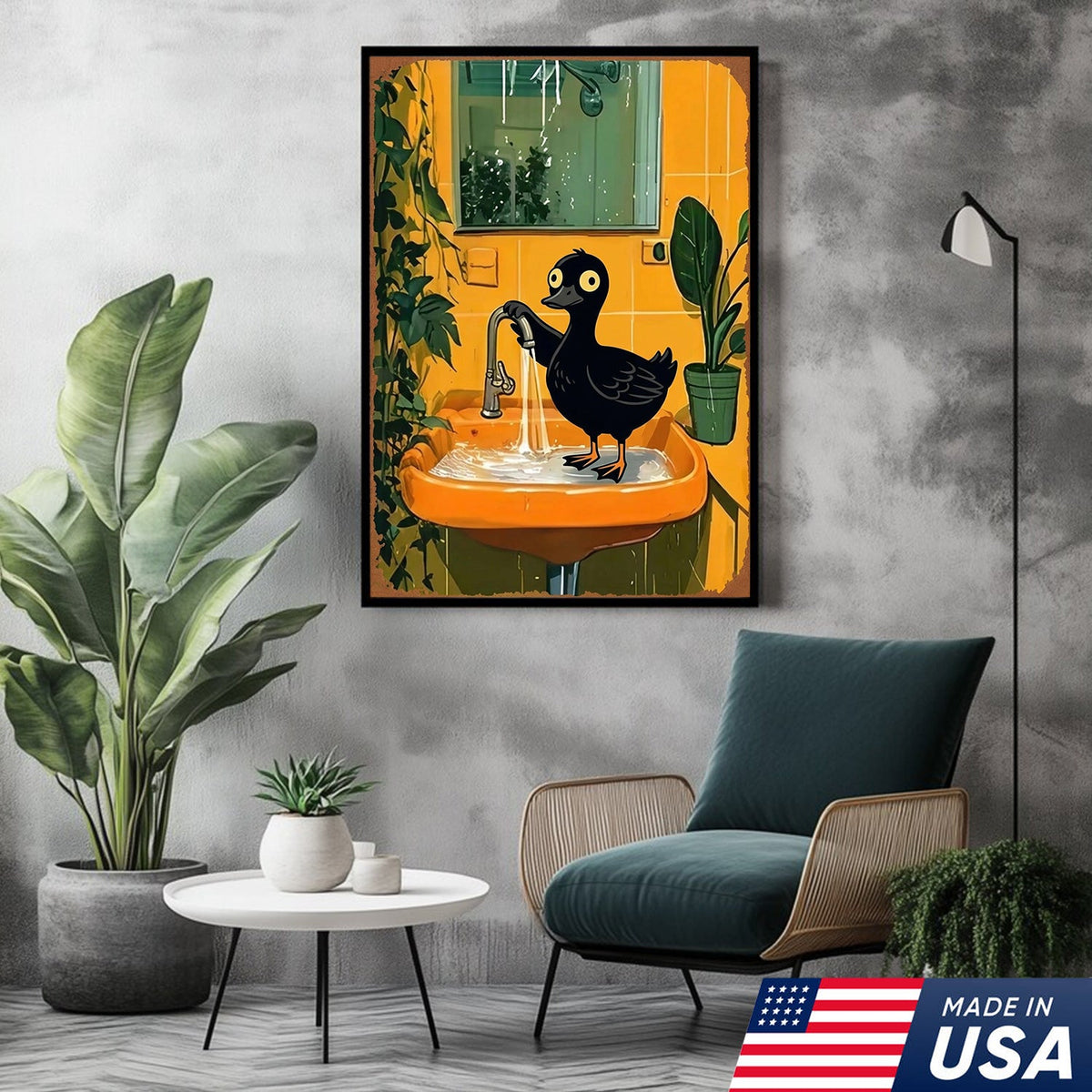 Funny Black Duck Bathroom Canvas Wall Art – Whimsical Bird in Sink Illustration