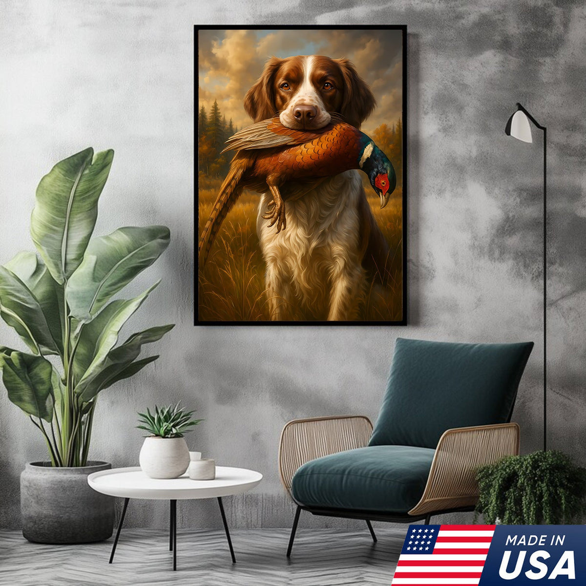 Upland Hunting Dog Canvas Wall Art – Brittany with Pheasant, Rustic Cabin Decor