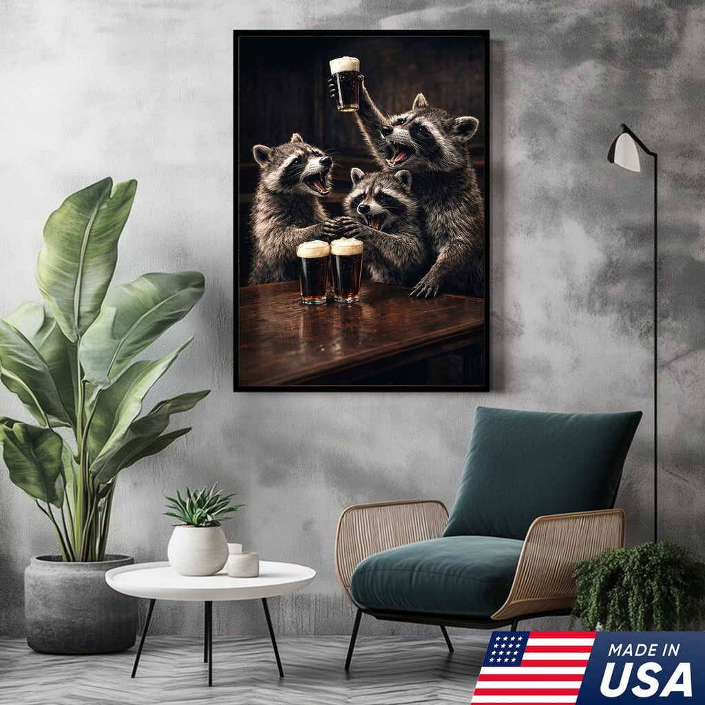 Funny Party Raccoon Wall Art Canvas Print, Wild Friends Celebration Animal Illustration