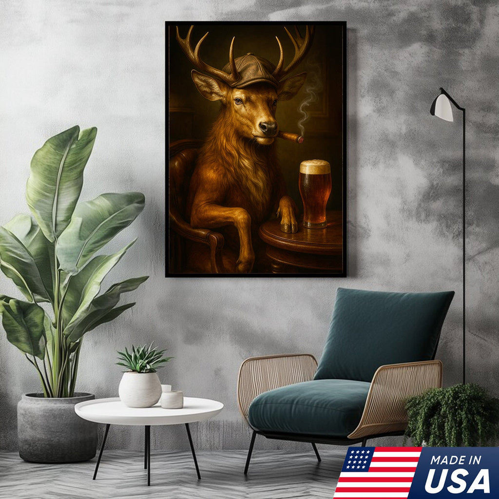 Classy Deer Smoking Cigar Canvas – Rustic Beer Lover Wall Art for Cabin & Man Cave