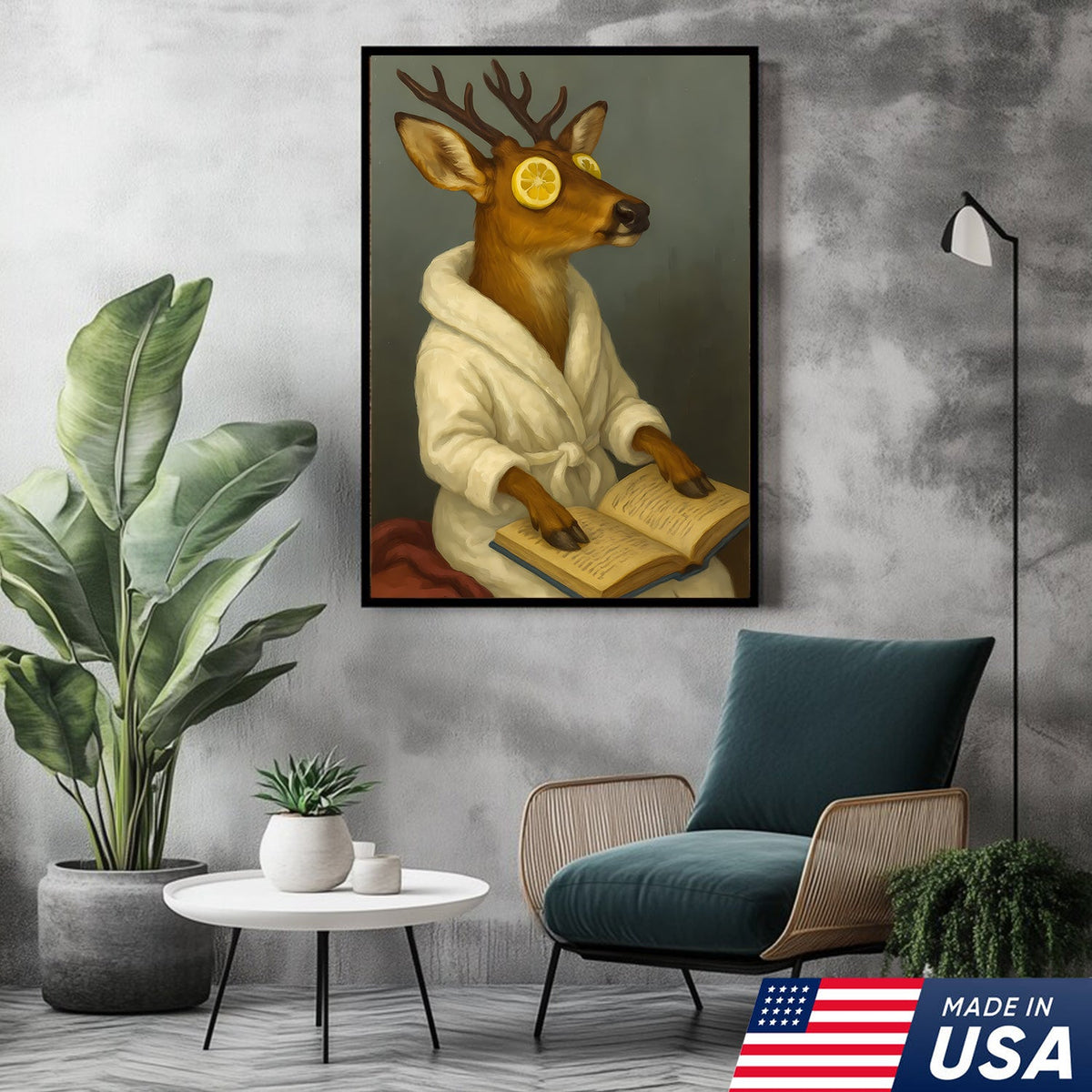 Funny Deer Spa Portrait Wall Art – Relaxing Deer With Lemon Eyes, Whimsical Animal Painting