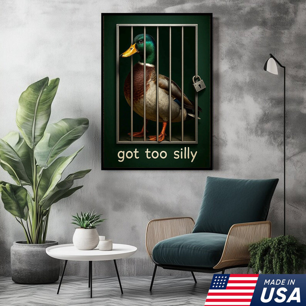 Silly Duck Canvas Wall Art – Funny Mallard Jail Print – Unique Rustic Cabin or Bathroom Decor