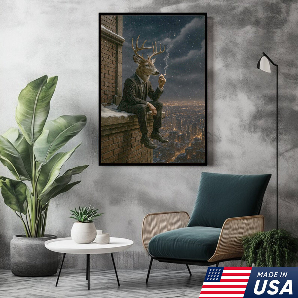Surreal Deer Man Canvas Wall Art, Anthropomorphic Animal City Night Artwork