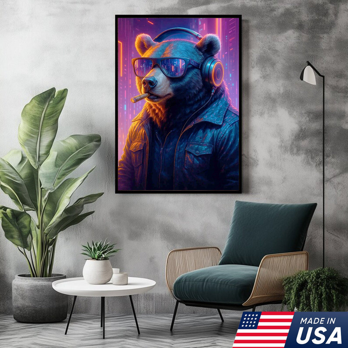 Cyberpunk Bear Wall Art Canvas, Cool DJ Bear with Headphones Neon City Decor