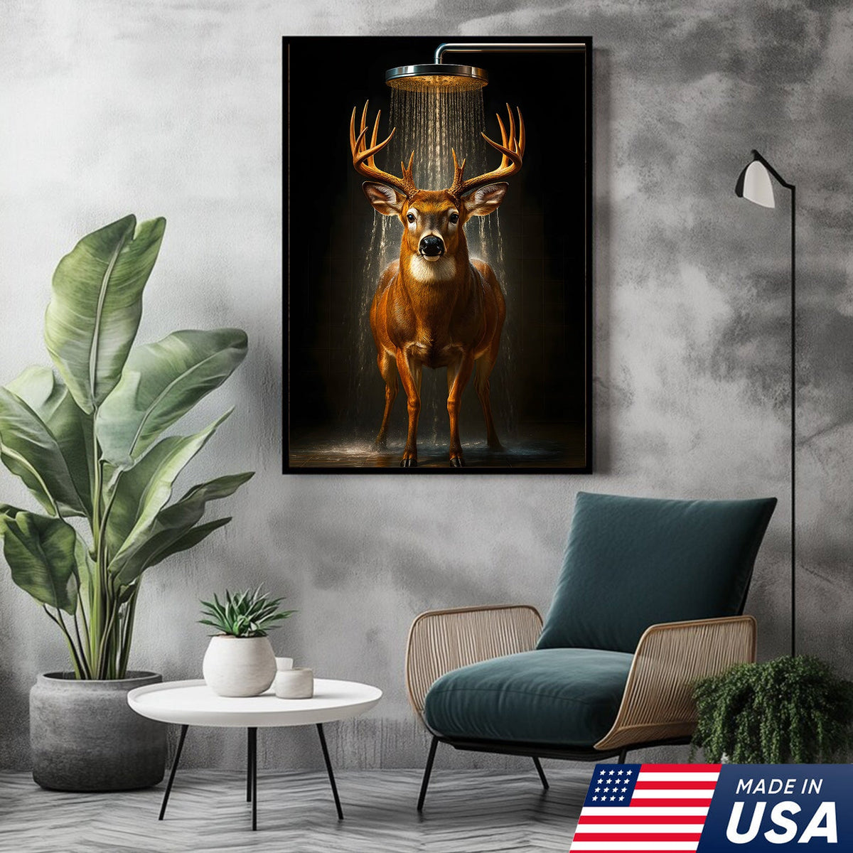 Funny Deer Shower Canvas Wall Art, Whimsical Buck Bathroom Decor