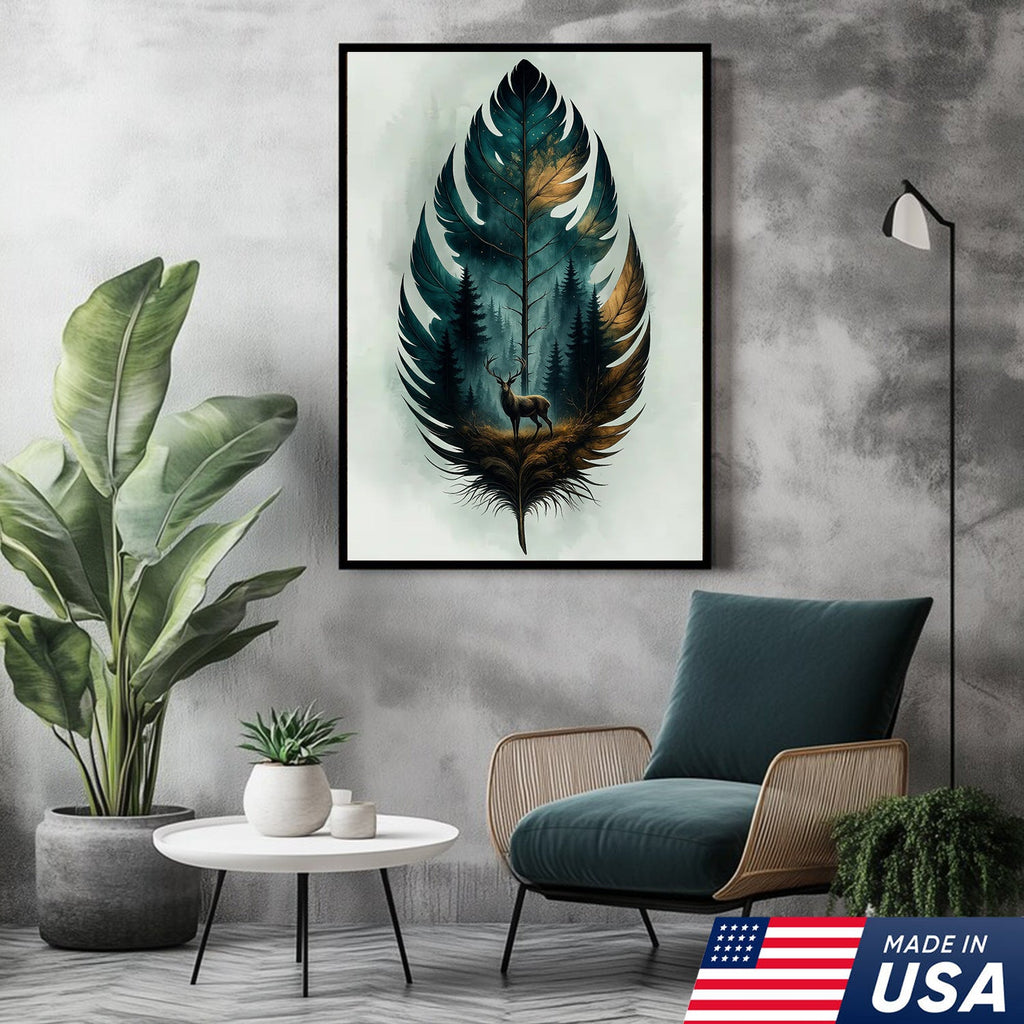 Rustic Deer And Feather Canvas Wall Art – Nature Forest Wildlife Print – Cabin & Lodge Hunting Decor